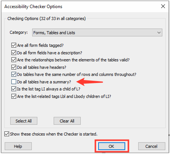 Image showing the Accessibility Checker Options and the OK button