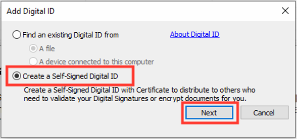 Image showing the Create a Self-Signed Digital ID radio button