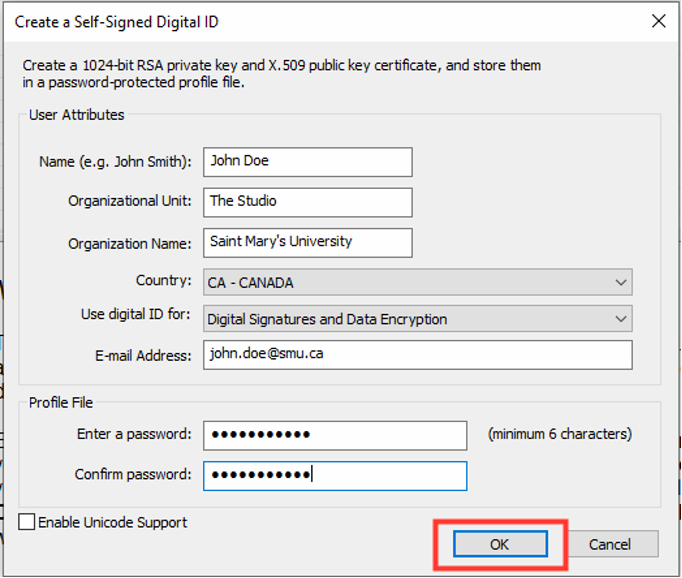 Image showing the Create a Self-Signed Digital ID pop-up and the OK button
