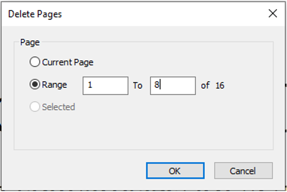 Image showing the Delete Pages pop-up with the Range option