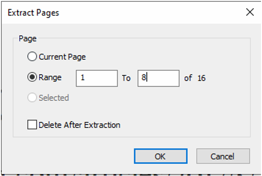 Image showing the Extract Pages pop-up with the Range option