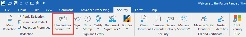 Image showing the Handwritten Signature button on Redaction group under Security tab