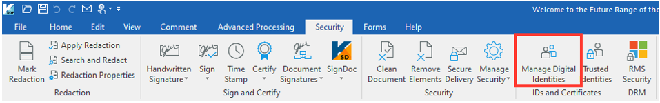 Image showing the Manage Digital Identities button on IDs and Certificates group under Security tab