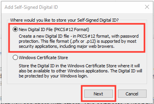 Image showing the Add Self-Signed Digital ID pop-up and the Next button
