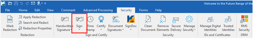 Image showing the Sign dropdown on Sign and Certify group under Security tab