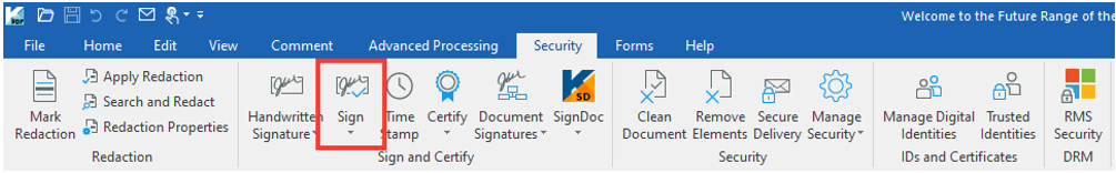 Image showing the Sign dropdown button under Sign and Certify group under Security tab