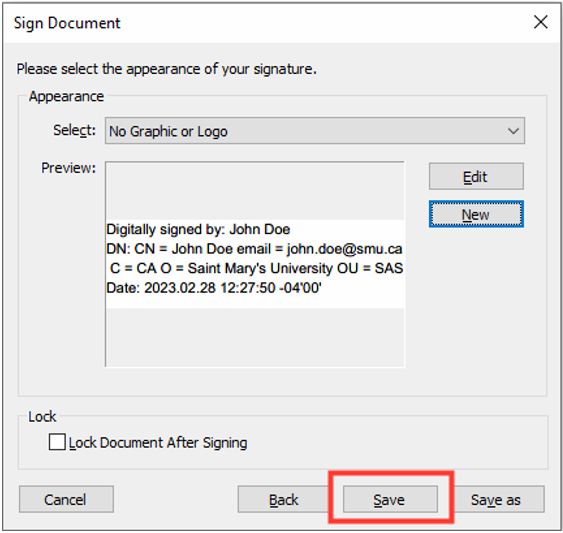 Image showing the Sign Document pop-up and the Save button