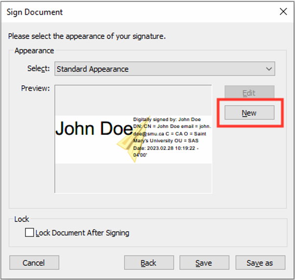 Image showing the Sign Document pop-up and the New button