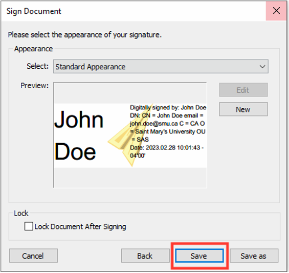 Image showing the Sign Document pop-ups Save button
