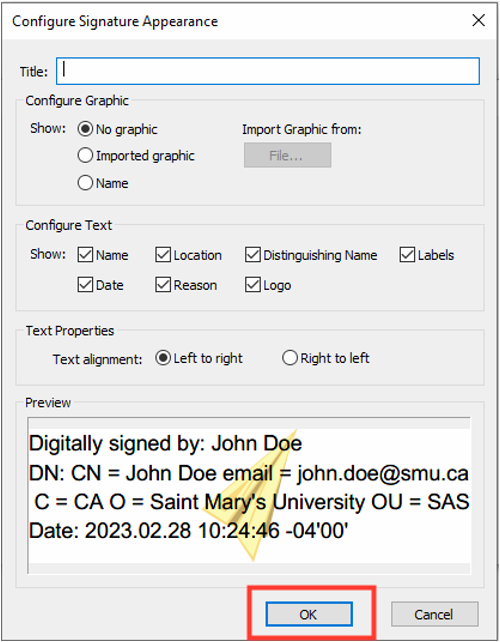 Image showing the Configure Signature Appearance pop-up and the OK button